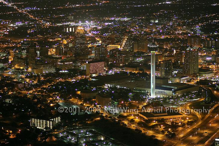 Aerial Image of Downtown San Antonio Night Skyline, San Antonio, Texas - San Antonio Aerial Photographer Image San Antonio TX